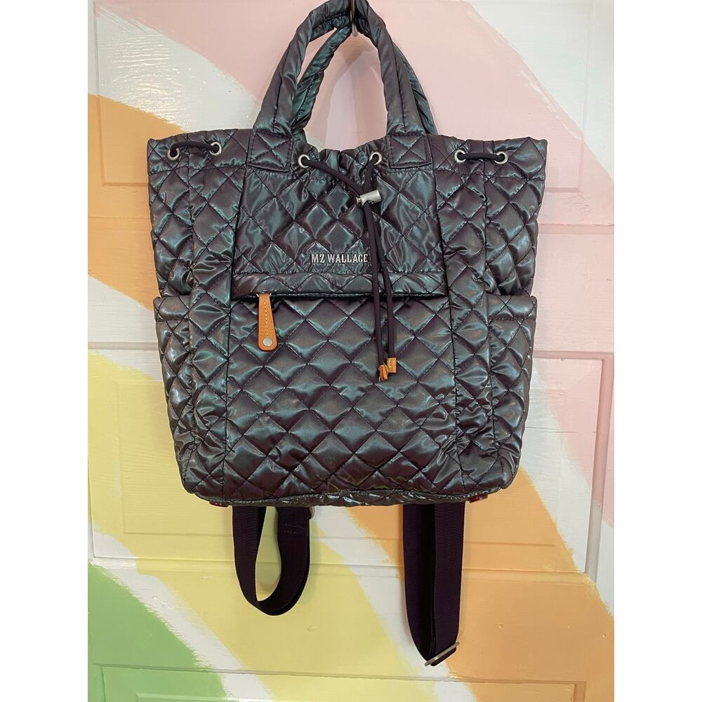 MZ Wallace Metro Backpack Iridescent Gunmetal Quilted Nylon Tote Travel Bag